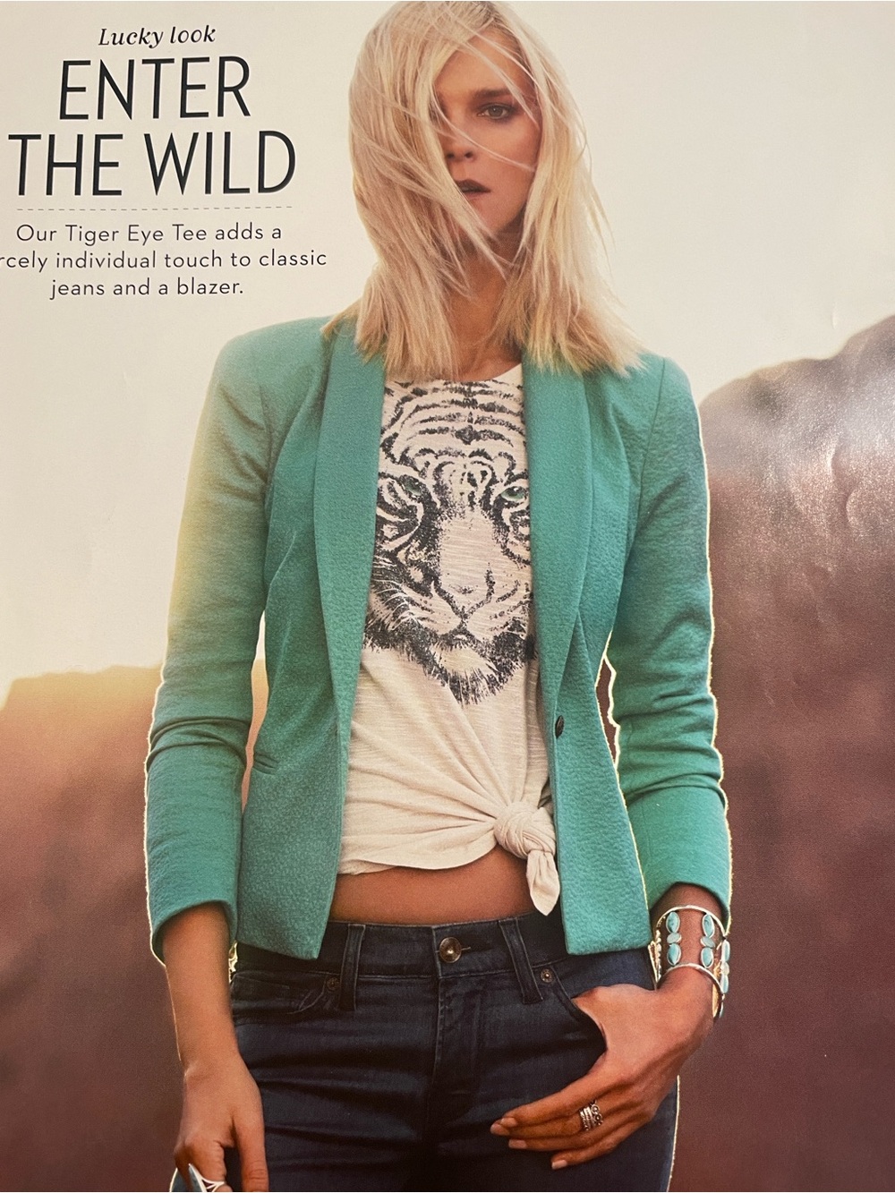 Lucky Brand Cream Tank with Black Tiger Face and Teal Eyes